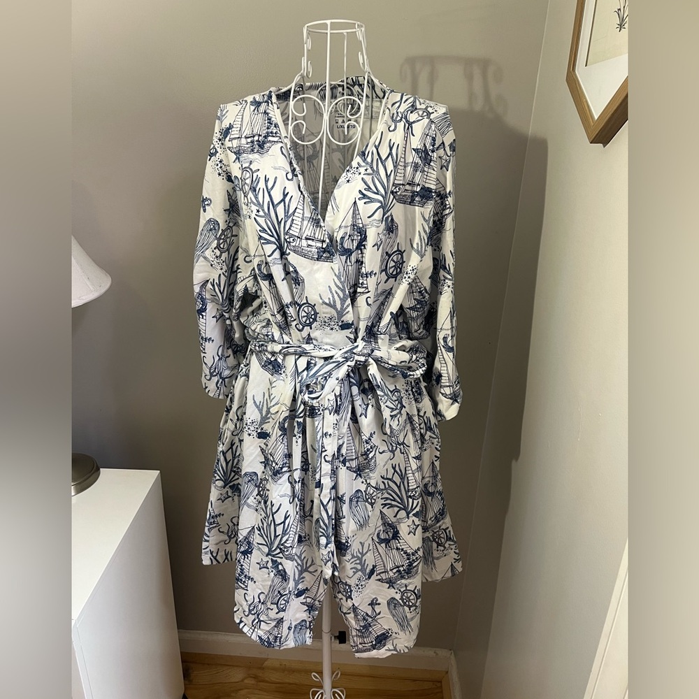 Women’s Vera Bradley Blue And White Nautical Print Cotton Robe Size L/XL - Picture 1 of 3